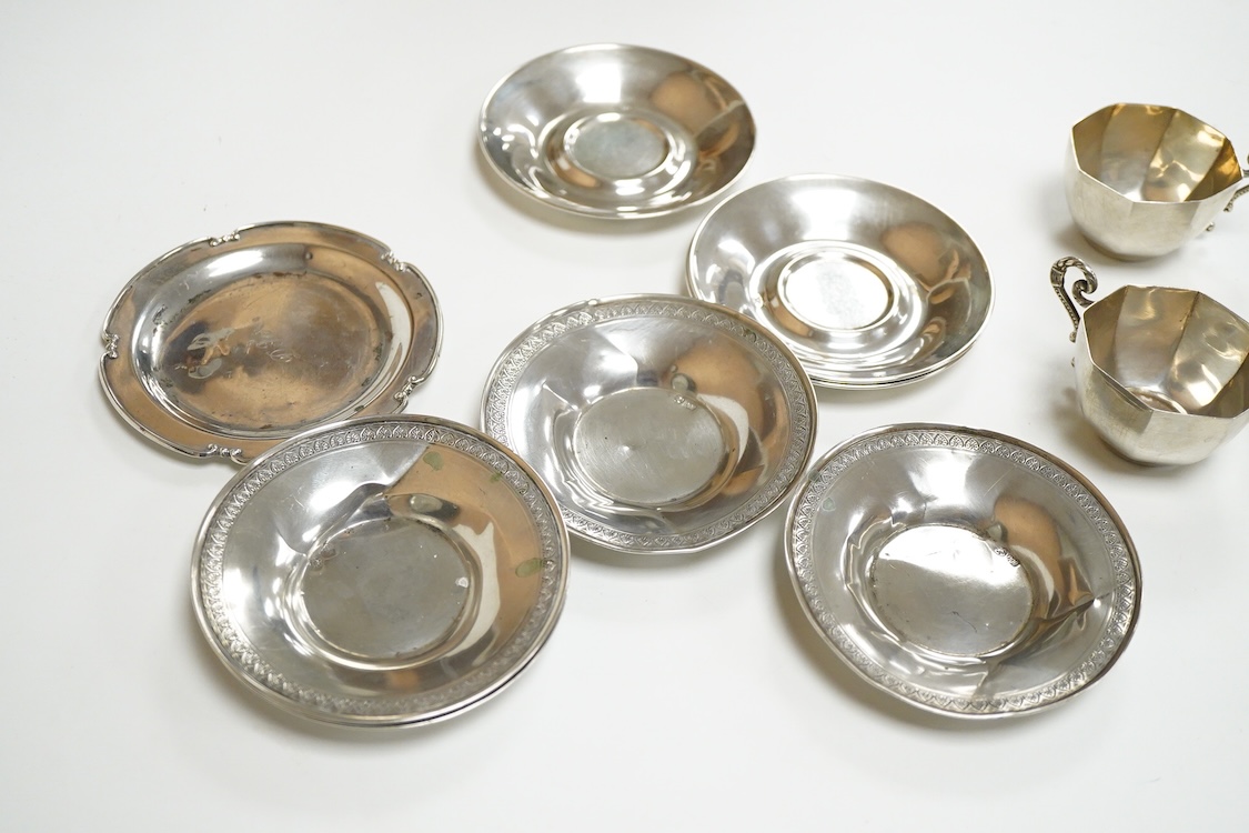 Four 20th century Turkish Sener 925 octagonal coffee cups and two saucers, together with four other Turkish 800 standard white metal small dishes and one other 800 dish, 13oz.